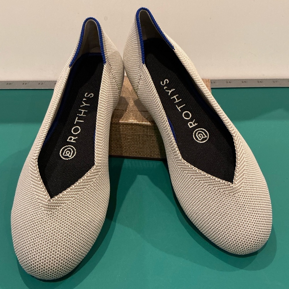 Rothy's The Flat Pointed Knit Ballet Flats in Cream with Blue Trim